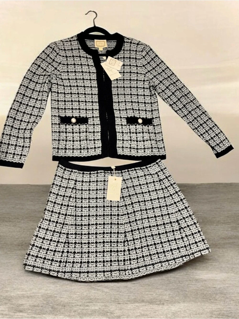 Venita Aspen x Sail to Sable Navy/faded denim Two Piece Knit Tweed Skirt Set,